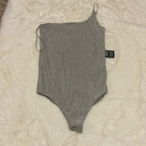 Express Metallic Gray One-Shoulder Bodysuit